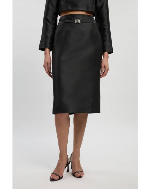Karen Millen Black Petite Forever Satin Twill Belted Tailored Midi Skirt