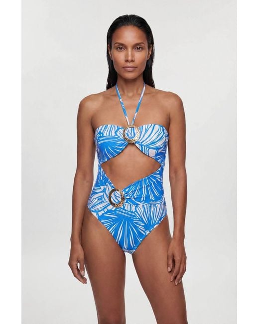 Karen Millen Blue Abstract Print Trim Detail Swimsuit