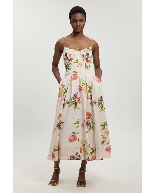 Karen Millen Natural Silk Cotton Floral Strappy Midi Dress