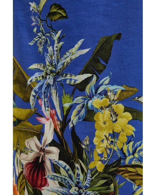 Karen Millen Blue Placement Print Linen Viscose One Shoulder Midi Dress