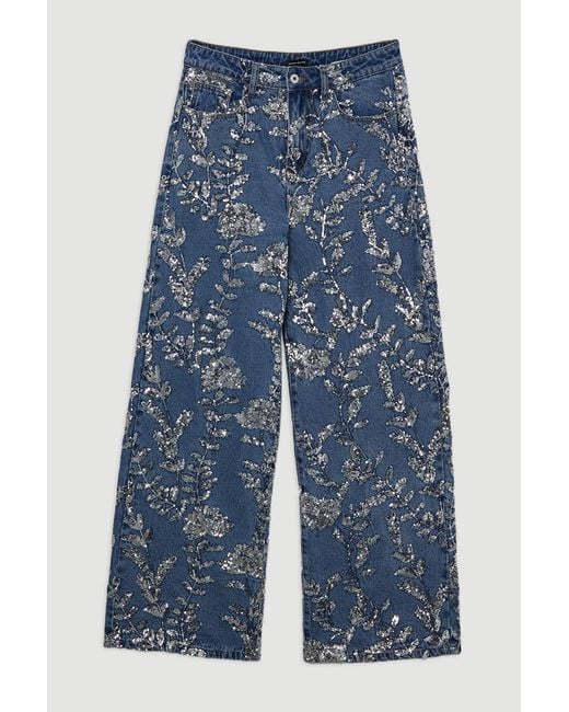 Karen Millen Gray Denim All Over Floral Sequin Wide Leg Trousers