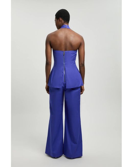 Karen Millen Blue Tailored Cotton Sateen Halter Jumpsuit