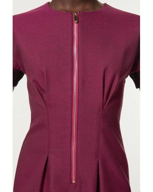 Karen Millen Tall Tailored Twill Lace Mix Zip Front Mini Dress