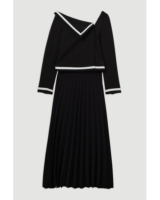 Karen Millen Black Petite Compact Stretch Asymmetric Neck Colour Block Pleated Tailored Midaxi Dress
