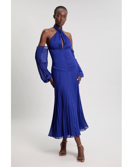 Karen Millen Blue Crinkle Cold Shoulder Georgette Woven Maxi Dress