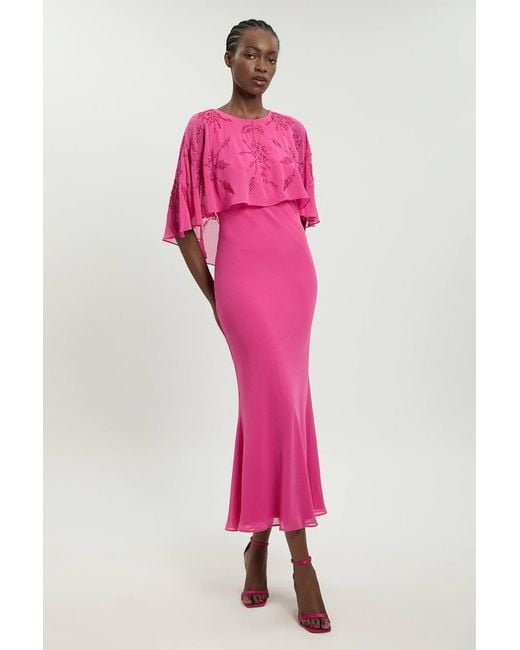 Karen Millen Pink Beaded Cape Detail Maxi Dress
