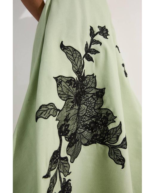 Karen Millen Green Viscose Linen Placed Floral Lace Embroidered Strappy Midi Dress