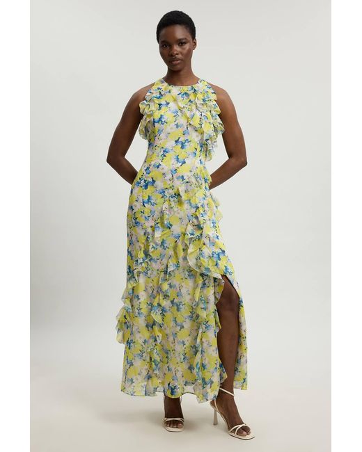 Karen Millen Green Petite Crinkle Georgette Ruffle Detail Halter Neck Woven Maxi Dress