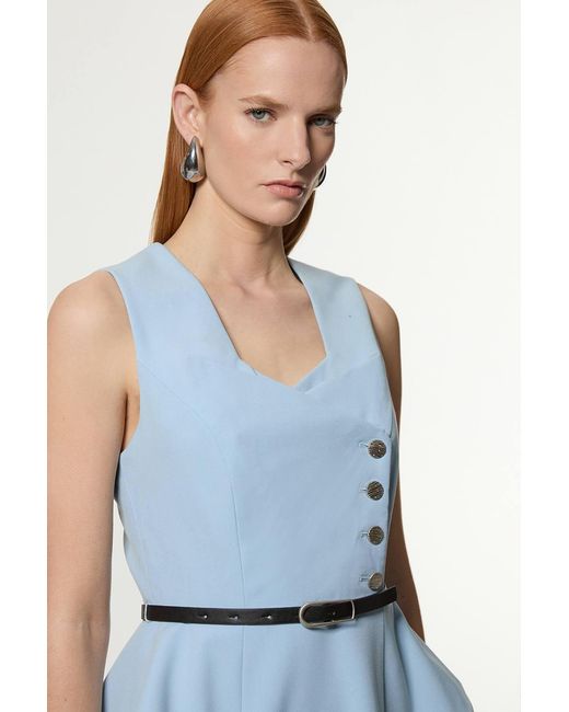 Karen Millen Blue Petite Compact Stretch Belted Peplum Detail Full Skirted Midi Dress
