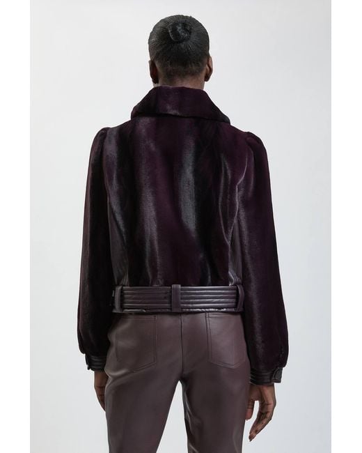Karen Millen Black Faux Fur Pu Panelled Belted Cropped Jacket