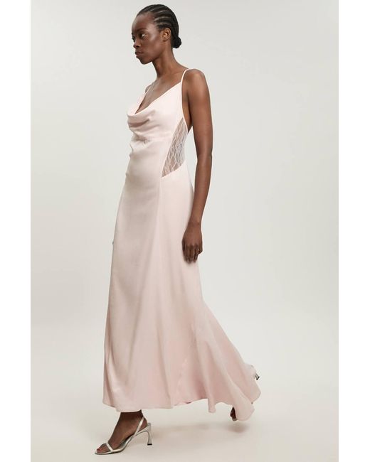 Karen Millen Natural Lace Insert Satin Viscose Bias Cut Maxi Dress