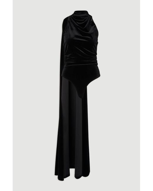 Karen Millen Black Stretch Velvet High Neck Cape Shoulder Bodysuit