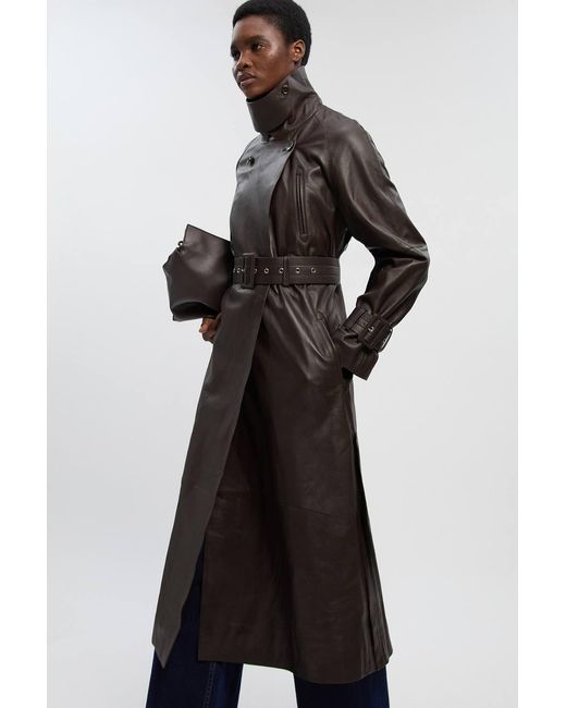 Karen Millen Blue Petite Leather Belted Trench Coat