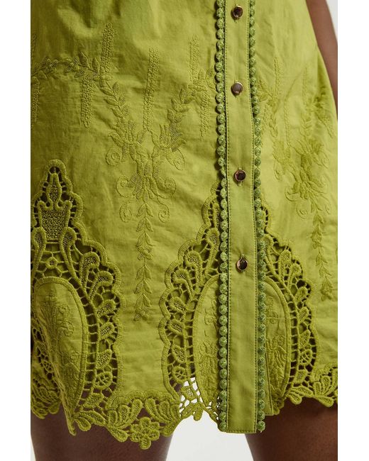Karen Millen Green Cotton Cutwork Collared Woven Mini Dress