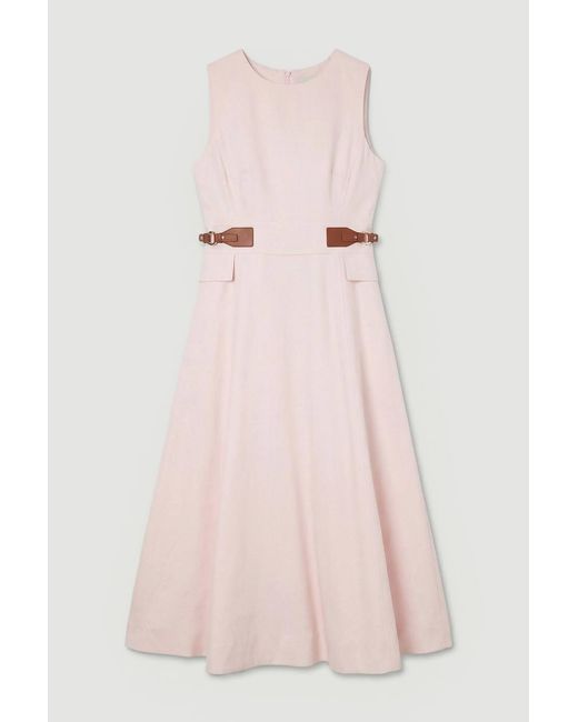 Karen Millen Pink Tailored Linen Tab Waist Detail Full Skirt Midi Dress
