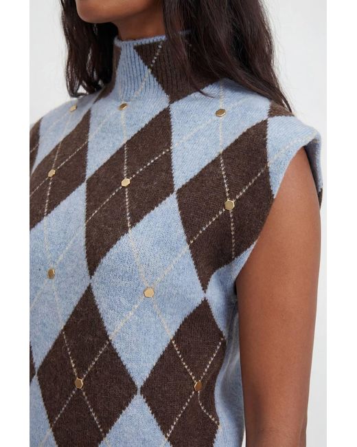 Karen Millen Blue Studded Argyle Wool Blend Cosy Knitted Top