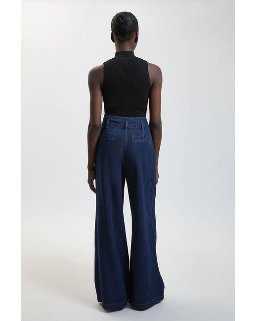 Karen Millen Blue Denim Pleated Wide Leg Trouser