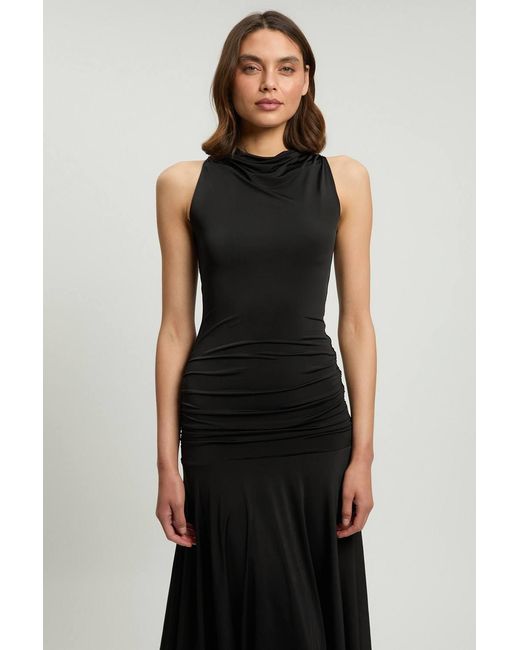 Karen Millen Black Petite Stretch Drapey Crepe Ruched Hanky Hem Midi Dress