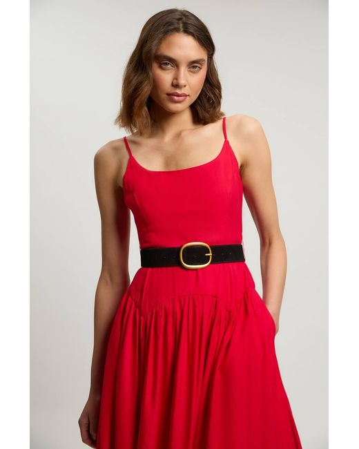 Karen Millen Red Petite Viscose Linen Belted Drop Waist Woven Midi Dress