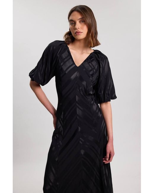 Karen Millen Black Stripe Fabric Detail Fluid Short Sleeve Midi Dress