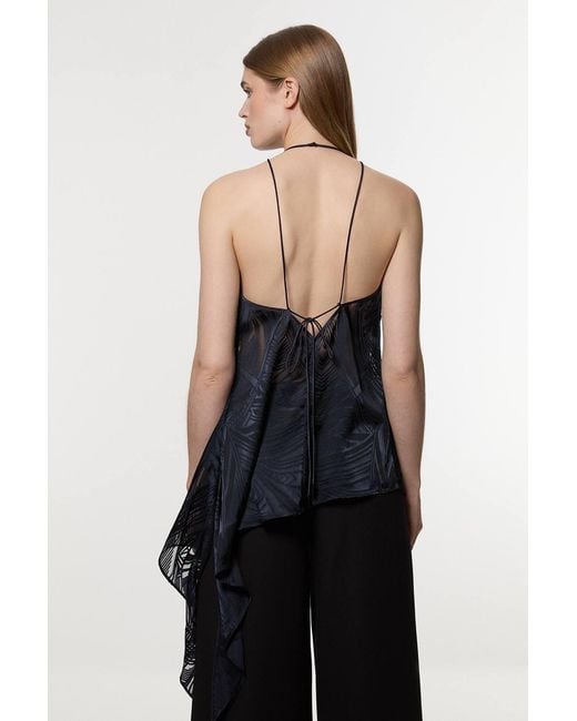 Karen Millen Blue Amelia Graham Burnout Halter Neck Asymmetric Tunic Top