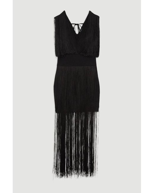 Karen Millen Gray Figure Form Bandage Knit Fringe Detail Dress