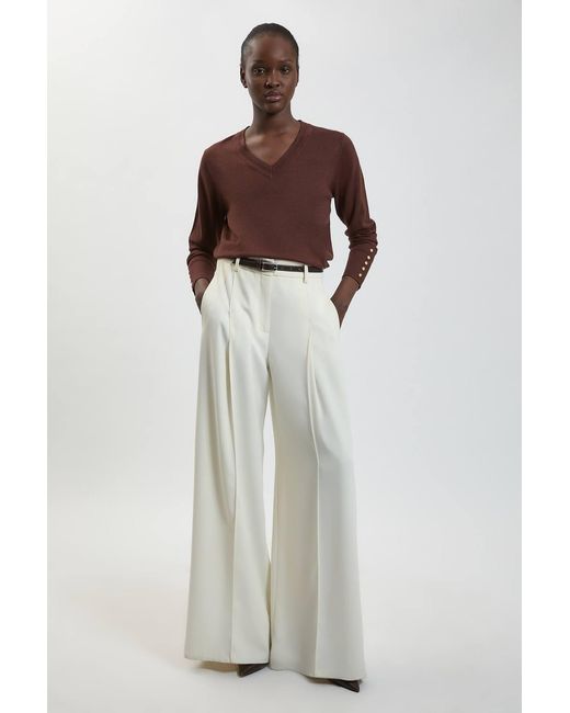 Karen Millen Brown Forever Viscose Blend Knitted Stitch Detail V Neck Long Sleeve Jumper