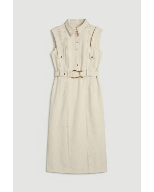 Karen Millen White Tailored Top Stitch Detail Belted Midi Dress