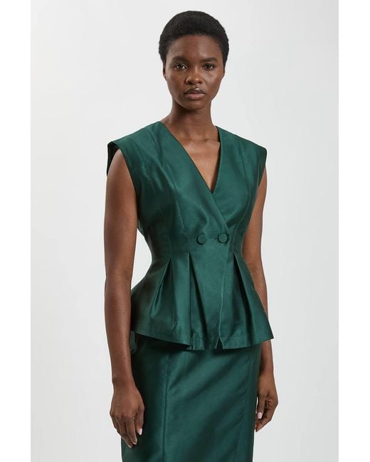 Karen Millen Green Structured Satin Peplum Midi Dress