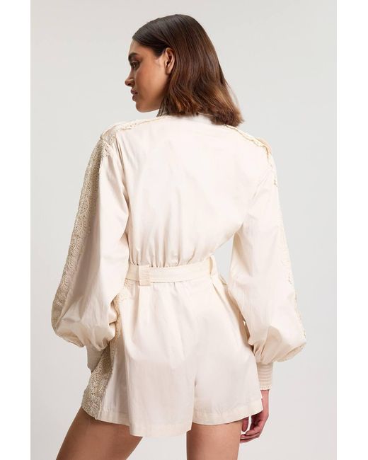 Karen Millen Natural Petite Cotton Sateen With Lace Trim Pocket Detail Playsuit