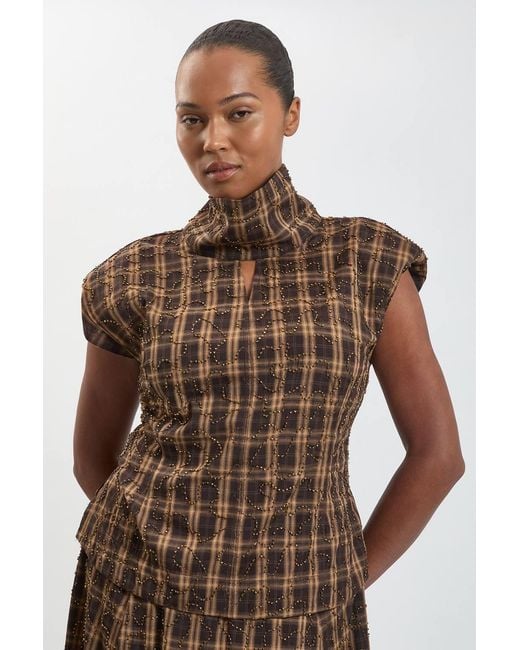 Karen Millen Brown Plus Size Beaded Check Print High Neck Top