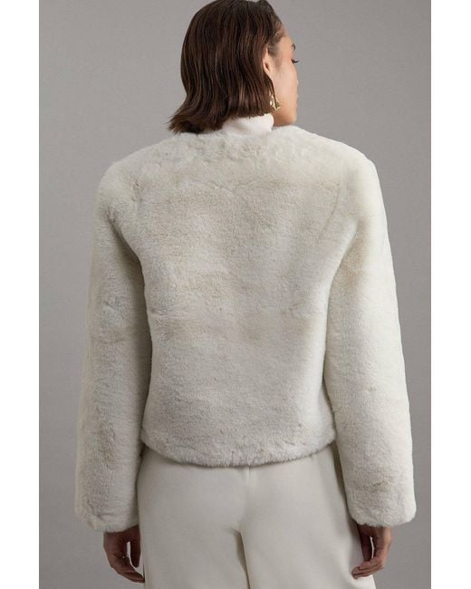 Karen Millen White Collarless Faux Fur Jacket