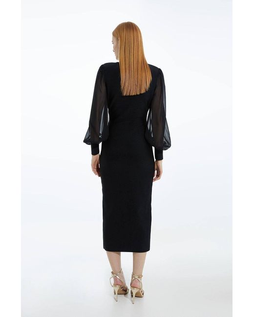 Karen Millen Black Bandage Figure Form Zip Detail Chiffon Sleeve Knit Dress