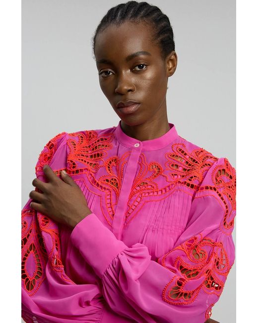 Karen Millen Pink Cutwork Beaded Embroidered Woven Blouse