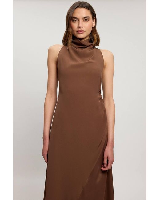 Karen Millen Gray Satin Viscose Drape Cowl Neck Maxi Dress