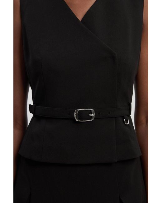 Karen Millen Black Compact Essential Belted Tailored Full Midi Dress