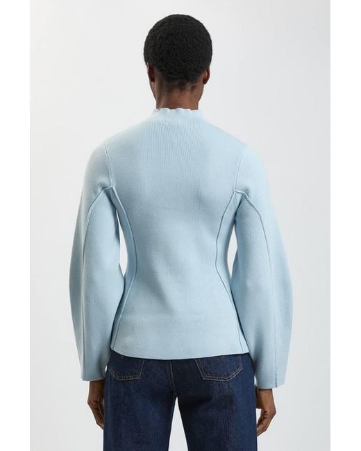 Karen Millen Blue Knit Wool Look Rounded Sleeve High Neck Jumper