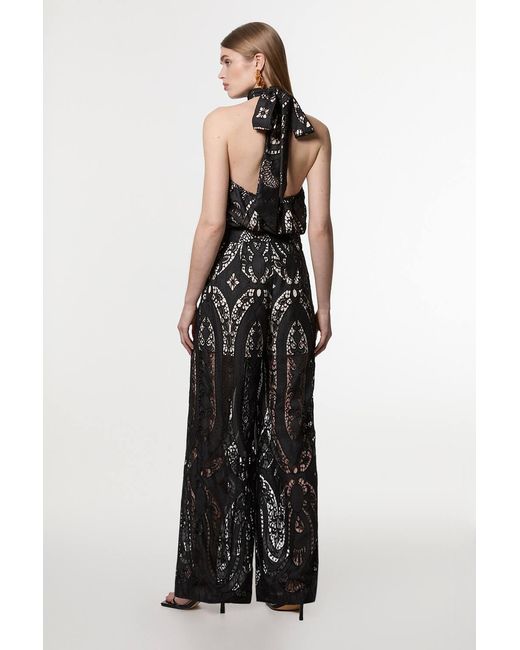 Karen Millen Black Sheer Georgette Cutwork Woven Wide Leg Trouser