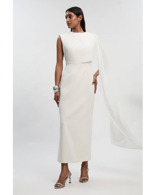 Karen Millen White Polished Tailored Cape Drape Maxi Column Dress