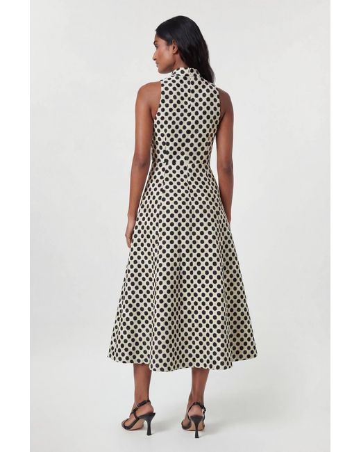 Karen Millen White Spot Jacquard Tailored Bow Neck Full Skirted Midi Dress