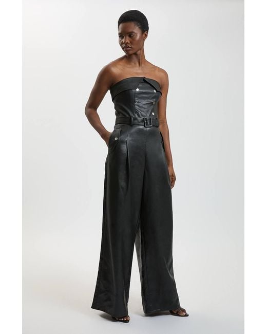Karen Millen Blue Faux Leather Trench Bandeau Jumpsuit