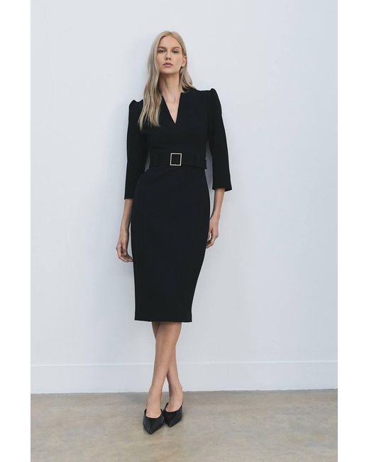Karen Millen Black Petite Forever Structured Crepe Belted Forever Midi Dress