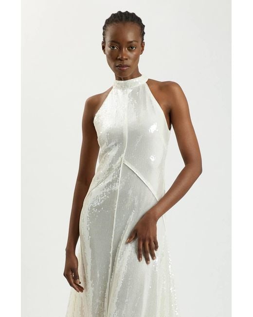 Karen Millen White Sequin Halter Neck Hanky Hem Maxi Dress