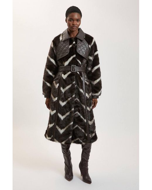 Karen Millen Black Panelled Stripe Faux Fur Pu Stitch Detail Belted Midi Coat