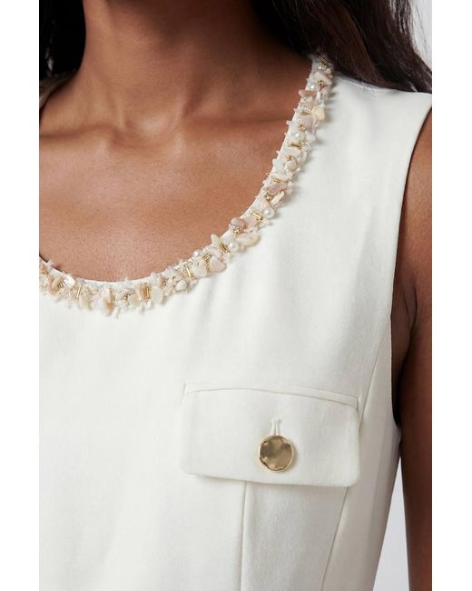 Karen Millen White Compact Stretch Embellished Trim Tailored Wide Leg Jumpsuit