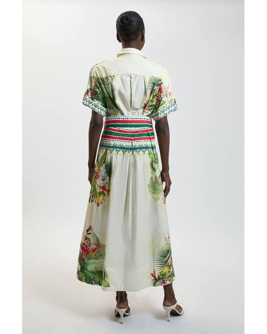 Karen Millen White Cotton Sateen Floral Woven Belted Maxi Shirt Dress
