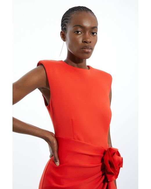 Karen Millen Red Scuba Rosette Detail Woven Mini Dress