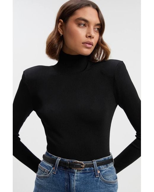 Karen Millen Black Slinky Drape Knit Power Shoulder Funnel Neck Top