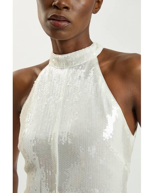 Karen Millen White Petite Sequin Halter Neck Hanky Hem Maxi Dress
