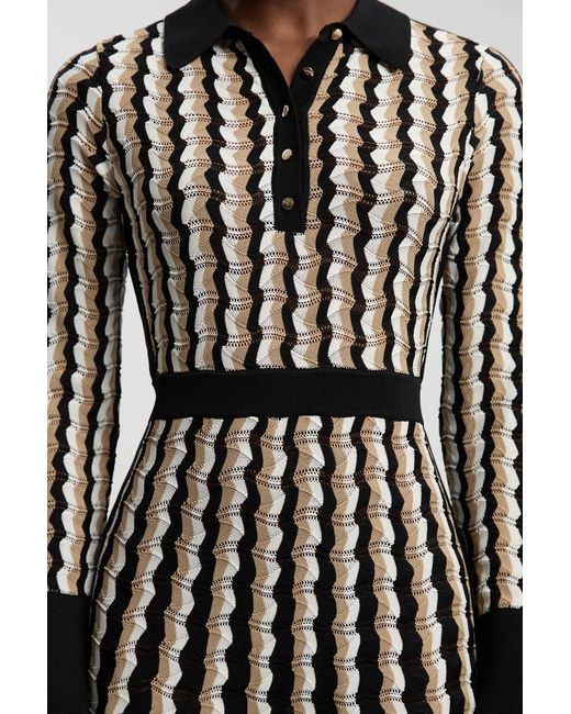Karen Millen Natural Knit Pointelle Contrast Collared Midi Dress